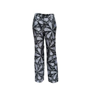 May include: Geometric patterned pants in shades of gray and black. The pants feature a repeating triangular design. The pants have a button and zipper closure and belt loops. The pants are straight-legged.