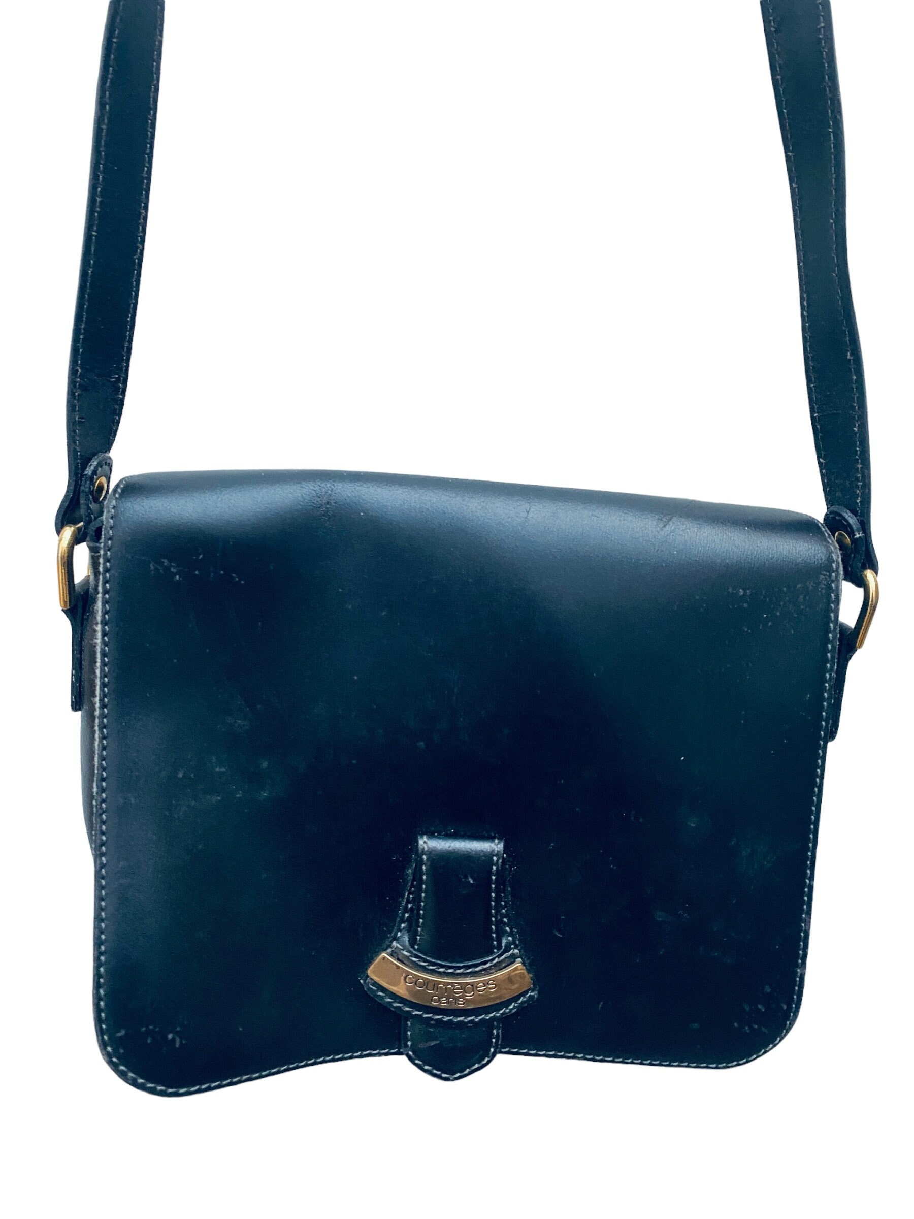 70s Courrèges Vintage Black Leather Shoulder Bag