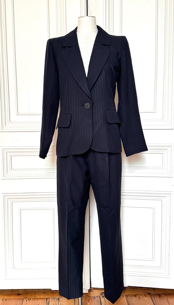 Yves Saint Laurent Rive Gauche 1980s Navy Pinstripe Pants Suit