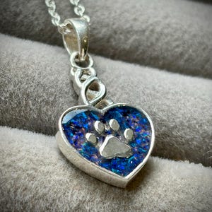 Op de afbeelding: Een zilverkleurige hartvormige hanger aan een bijpassende ketting. De hanger heeft een donkerblauwe en paarse iriserende inleg met een verhoogde zilverkleurige pootafdruk in het midden. Het oogje heeft een gedraaid metalen ontwerp.