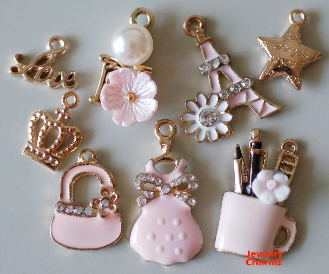 Pink Alloy Jewellery Charms: Love, Purse, Skirt, Tower - 8 Pcs - Etsy