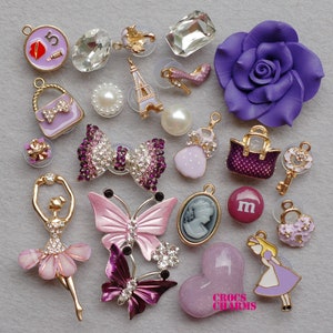 22 pcs Clog Shoe charms for Croc Bling Lilac Butterfly Bow Purse set 63223