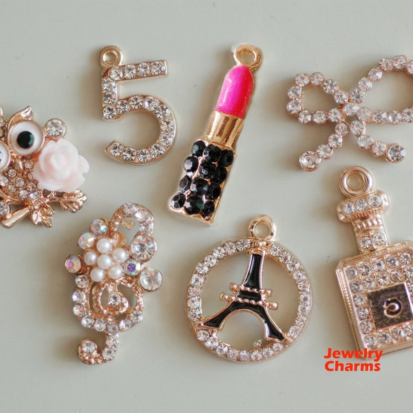 7 Pcs Jewellery Charms for bangles  Alloy Owl Tower Ribbon Music Note Lipstick Bracelets Pendants  62043