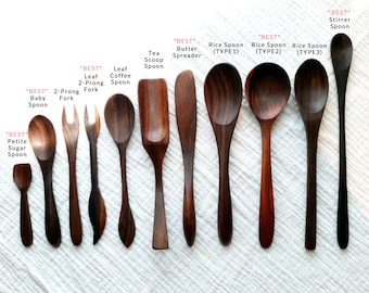 Cucharas, tenedores y untadores de mantequilla de madera de rosa hechos a mano de mytablesecret. Madera maciza natural, duradera y reutilizable.
