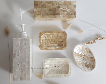 Jabonera y dispensador de conchas marinas de nácar, accesorios de baño costeros