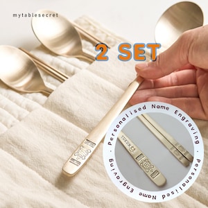 mytablesecret Bangjja Yugi 2-PersonTurtle Spoon & Chopstick Set, Custom Engrave. Korean brassware Flatware Set with Silk Bojagi Gift Packing