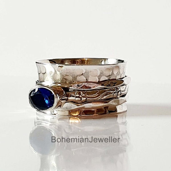Gifts for Her-Oval cut, blue Sapphire in Sterling Silver, Spinner/Anxiety/nail biting ring- September Birthstone-Grounding tool
