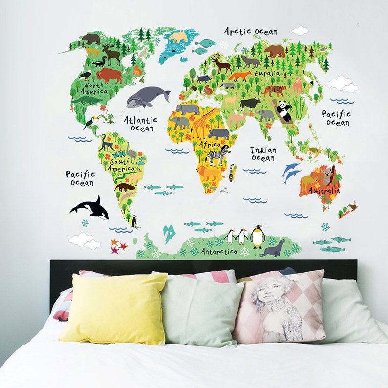 Animal World Map Wall Decal World Map Nursery Wall Etsy