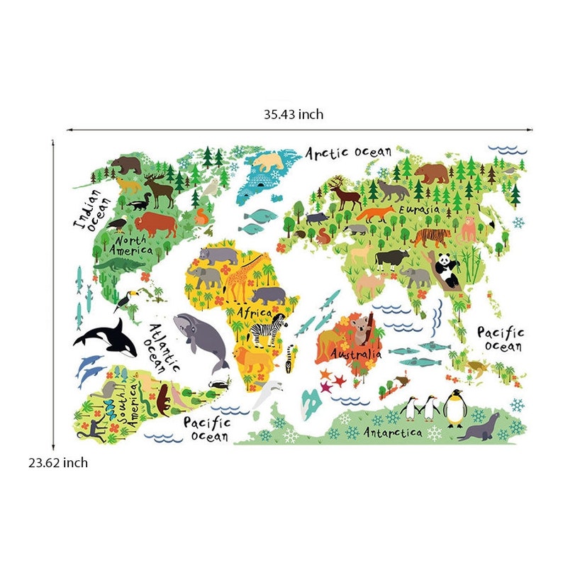 Animal World Map Wall Decal World Map Nursery Wall Etsy
