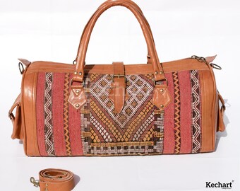 Kilim travel bag with leather Vintage travel Shoulder Duffle Bag weekender Bag Tribal Bohemian Style Cognac gift for her