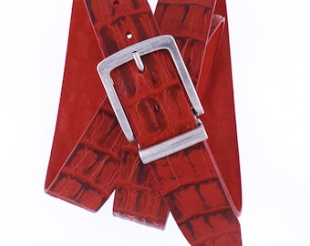 Sunset Red Croco Embossed Leather Belt: Italian Vegtan, Handcrafted in USA