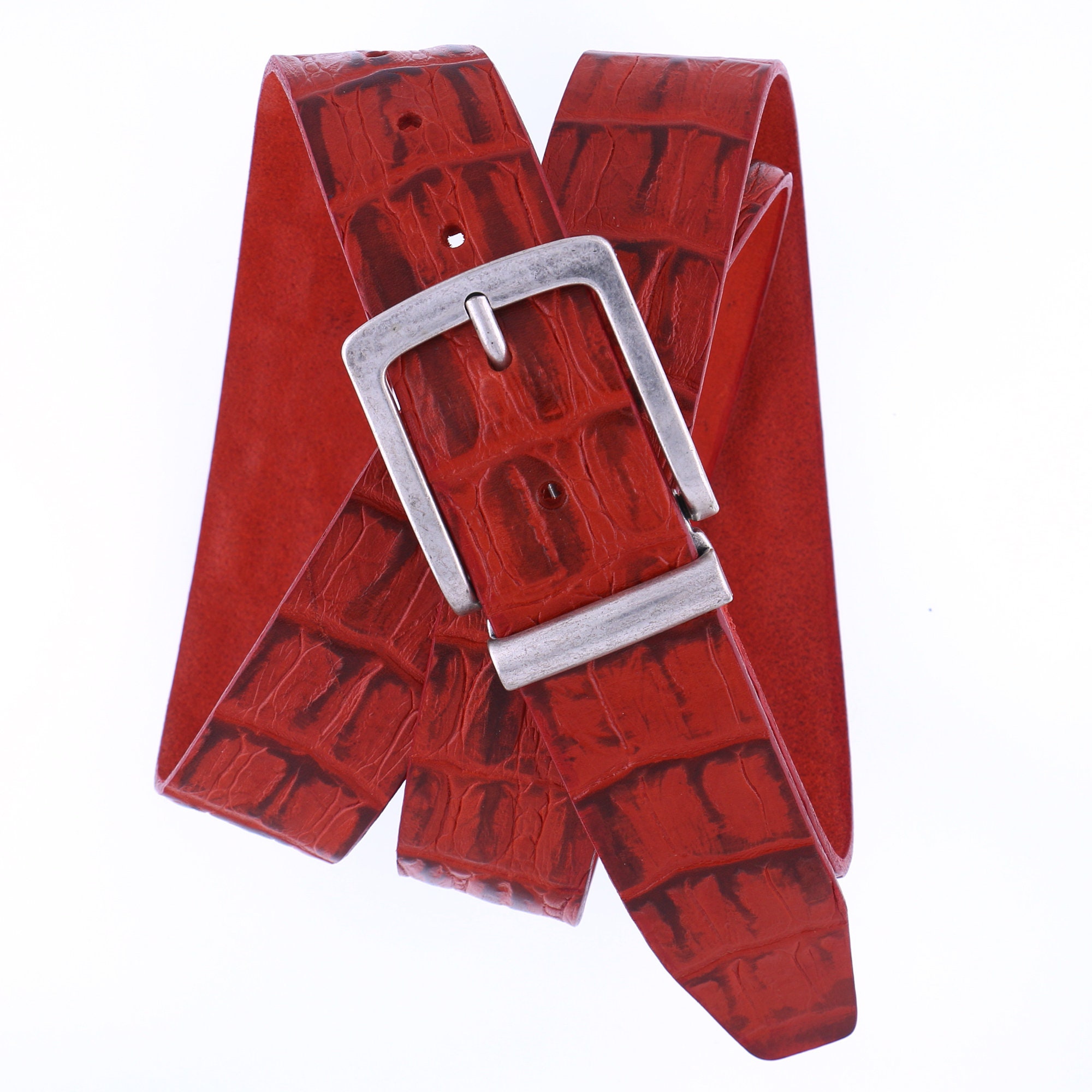 Tribal indian belt red crocodile /leather & suede Luxury crocodile bordeaux belt with free customization | BRUCLE main image 3