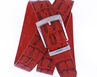 Sunset Red Croco Embossed Leather Belt: Italian Vegtan  display picture 1