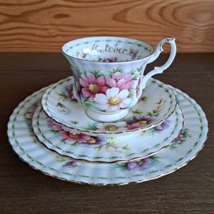 4-delige set Royal Albert Bone China kop en schotel, gebaksbord en lunchbord October Flower of the Month series Cosmos
