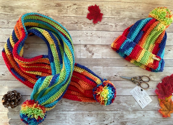 ? Handmade Rainbow Crocheted Beanie and Coordinated Scarf ? Rainbow Crochet Hat and Scarf Set, Multi Color - Etsy main image 4