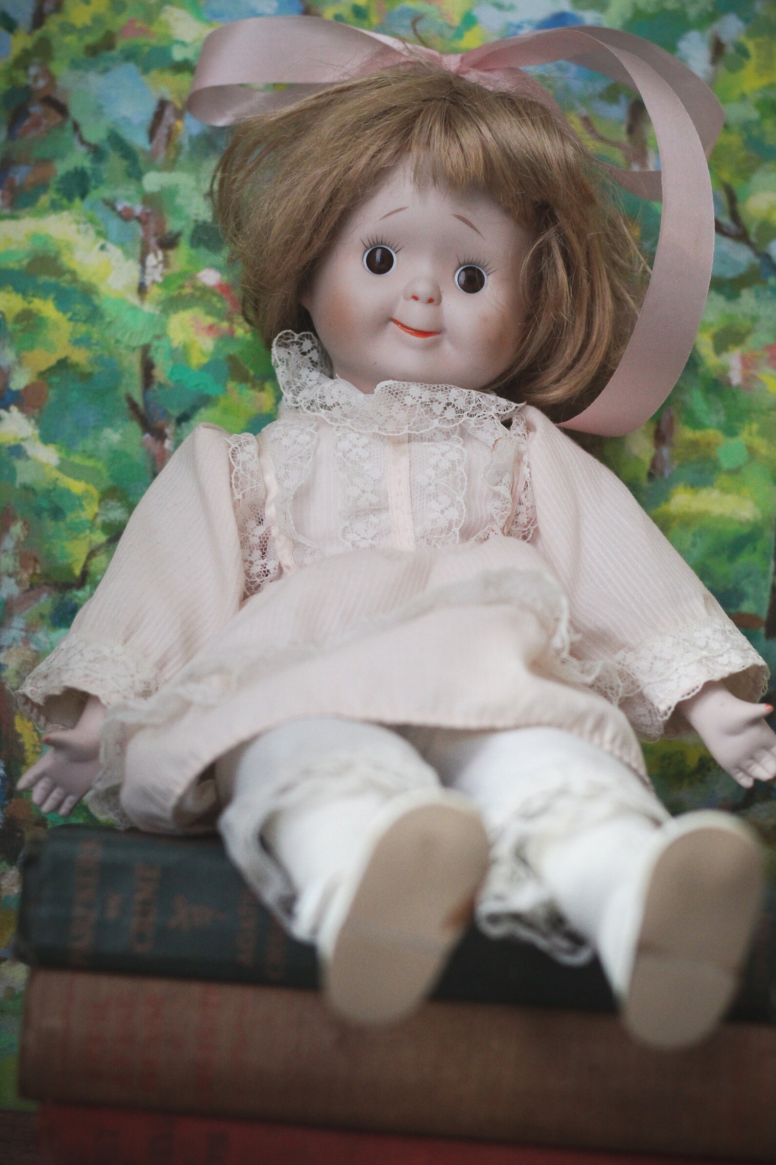 Vintage Porcelain Doll with Cloth Body in Pink Etsy