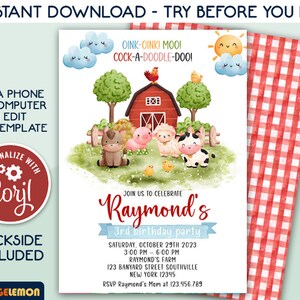 Farm Birthday Party Invitation Template, Editable Farm Animals Birthday Invites, Barnyard Birthday Invites, Personalized Farm Party CORJL