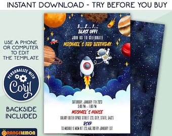 Editable Outer Space Birthday Invitation, Astronaut Galaxy Planets Rocket Ship Party Invites For Any Age, Galaxy Blast Off, Edit in CORJL