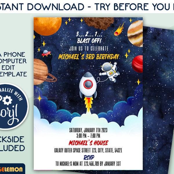 Editable Outer Space Birthday Invitation, Astronaut Galaxy Planets Rocket Ship Party Invites For Any Age, Galaxy Blast Off, Edit in CORJL