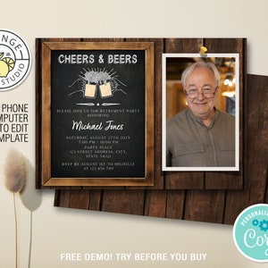 Editable Cheers Beers Retirement Invitation, Printable Cheers Beers Party, Retirement Invites With Photo, Vintage Rustic, Personalized CORJL