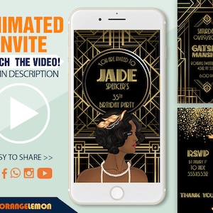 Invito alla festa di compleanno del Grande Gatsby, festa animata dei ruggenti anni venti, invito video Art Deco, invito afroamericano a tema 1920