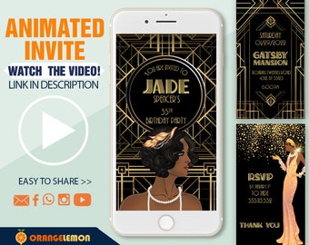 Great Gatsby Birthday Party Invitation, Animated Roaring Twenties Party, Art Deco Video Invitation, 1920s Theme African American Invitation