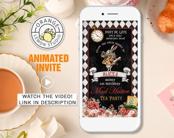 Uitnodiging Mad Hatter Tea Party, geanimeerde Alice in Wonderland video-uitnodigingen, gepersonaliseerde Tea Party uitnodiging video-uitnodiging, vintage Mad Hatter