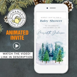 Animated Woodland Baby Shower invitation, Pine Forest Let The Adventure Begin, Gender Neutral Baby Shower invites, Minimalist Rustic Evite