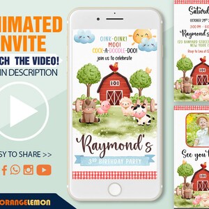 Animated Farm Birthday Party Invitation, Farm Animals Birthday Invitation, Barnyard Birthday Invites, Personalized Farm Birthday Evite