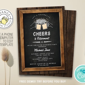 Editable Cheers to Retirement Invitation, Printable Cheers Beers Party Retirement Invites, Retired Invite Letter Pub Vintage Rustic Template