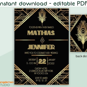 Große Gatsby Hochzeitseinladung Editierbare PDF | DIY Personalisierte Party einladen, 5 x 7 druckbare Einladung | Art Deco Roaring 20er 1920er Jahre Lädt