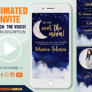Animated Over the moon baby shower invitation, blue Twinkle Little Star baby shower invite, Moon and Stars Digital Invitation, Video invites