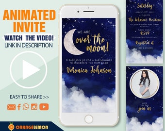 Animated Over the moon baby shower invitation, blue Twinkle Little Star baby shower invite, Moon and Stars Digital Invitation, Video invites