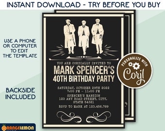 Roaring 20s Birthday Invitation, Printable Mens Party Invite, Vintage British Style, By order of, Flat Cap Gangster Invites, Edit in CORJL