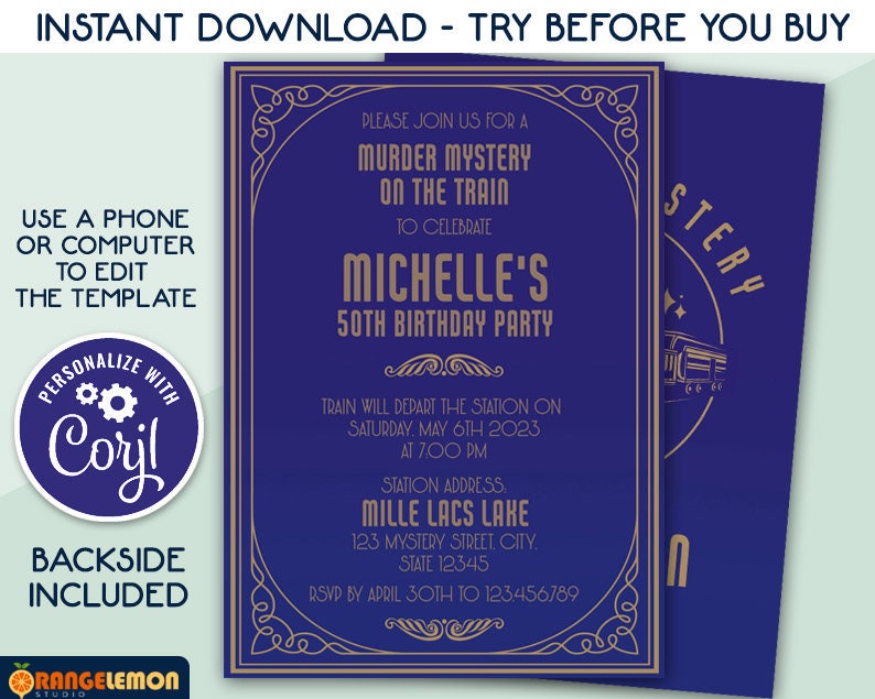 Editable Murder Mystery on the Train Invitation, Personalized 1930s Mystery Dinner Party Invites ...