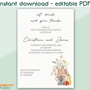 Simple Thanksgiving Dinner Invitation, PDF Printable Pumpkin Party Invitation, Fall Pumpkin Friendsgiving Dinner Invite, Clean Simple