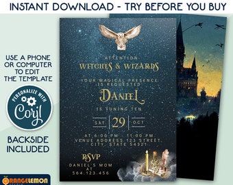 Bewerkbare Wizards verjaardagsfeestje uitnodiging, gepersonaliseerde Magic School uitnodigen, Wizarding thema Evite, magische verjaardagsuitnodigingen, uil uitnodiging