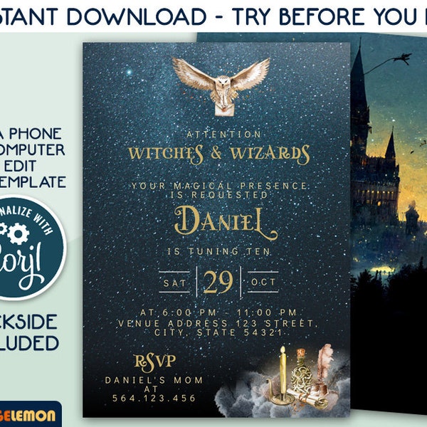 Editable Wizards Birthday Party invitation, personalized Magic School Invite, Wizarding Theme Evite, Magic Birthday Invites, Owl Invitation