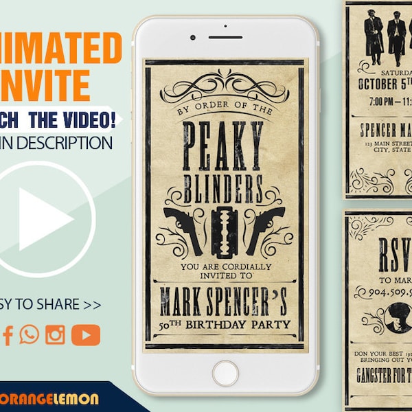 Peaky Blinders Invitation, Animated Video Invite for Men's Birthday Party, All Text Can Be Modified, Vintage Paper Background, Partyblinders