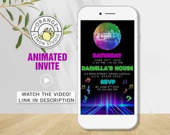 May include: A smartphone displays an animated invitation with a disco ball graphic. The invitation is for a party on June 29th, 2025, at Daniella's House. The invitation includes RSVP information and musical notes.