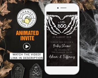Animated Halloween Baby Shower Invitation, Gothic Baby Shower Video Invite, Skull Baby Shower, A Little Boo Is Almost Due Skeleton Love Hand