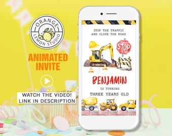 Animated Construction Birthday Party Invitation, Dump Truck Yellow Digger Under Traffic Signal invite, Construction Invitations, Boy Evite