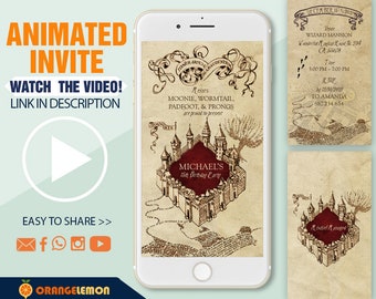 Animated Wizards Map Birthday invitation, Marauders Themed Invitation, Magical Party Invitation, Video Invitation, Evite