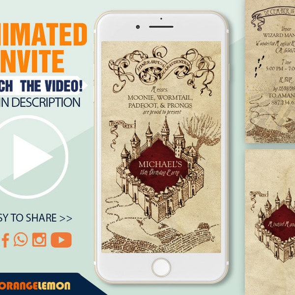 Animated Wizards Map Birthday invitation, Marauders Themed Invitation, Magical Party Invitation, Video Invitation, Evite