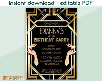 Awesome  Gatsby Birthday Invitation Editable PDF | DIY Party Invite, 5x7 Printable Invitation | Art Deco Birthday Invitation Template