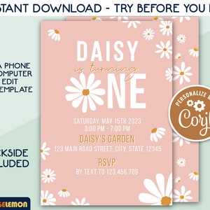 Retro Daisy First Birthday Party Invitations, Groovy Theme, Printable Instant Download, Editable Template, Personalized at Corjl, PDF & JPG