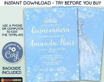 May include: A blue and white printable Quinceañera invitation with snowflakes and a crown. The invitation says "Please join us for a Quinceañera honoring our daughter Amanda Ruis" and includes the date, time, location, and RSVP information.  Formal attire is required.