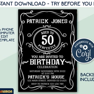 Whiskey Birthday Invitation, Instant Download Birthday Invitation,  Any Age Birthday Party Invitation, Editable Corjl Template, JPG and PDF