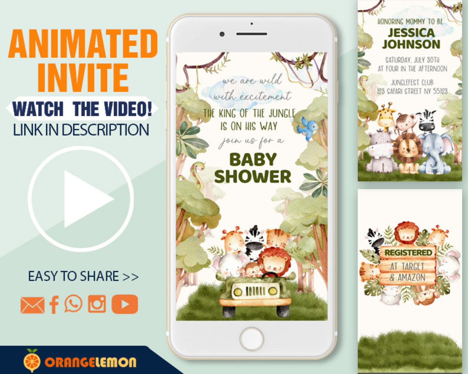 Animated Safari Baby Shower Invitation, Jungle Themed Invitation ...