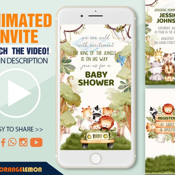 Animated Safari Baby Shower invitation, Jungle Themed Invitation, blessing way Invitation, Video Invitation, Evite